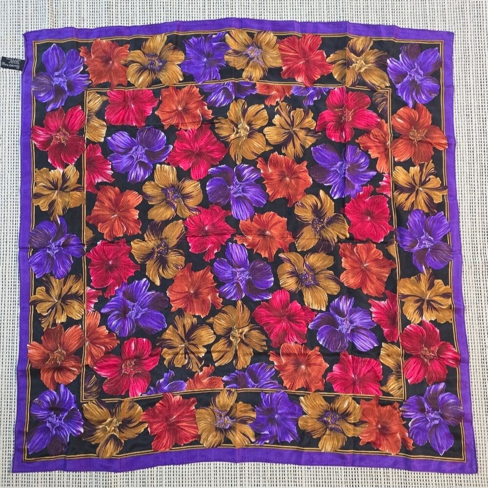 Vintage Specialty House 100% Silk Purple Hibiscus Floral Square Scarf Korea